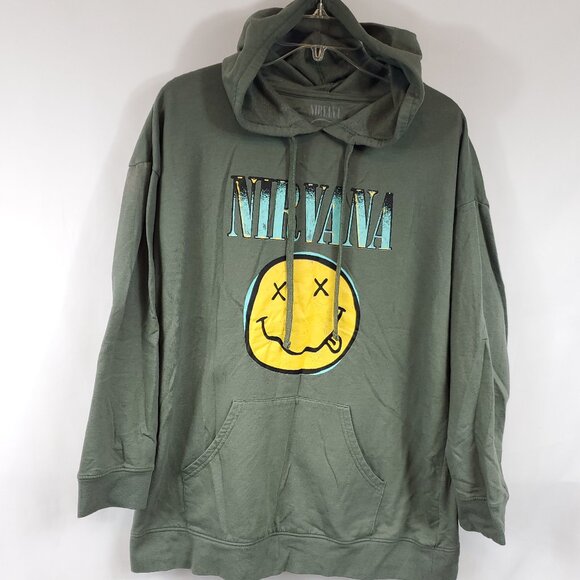 Nirvana Womens Smily Face Olive Green Lng Slv Drawstring Hoodie Sz 2XL - Picture 1 of 12